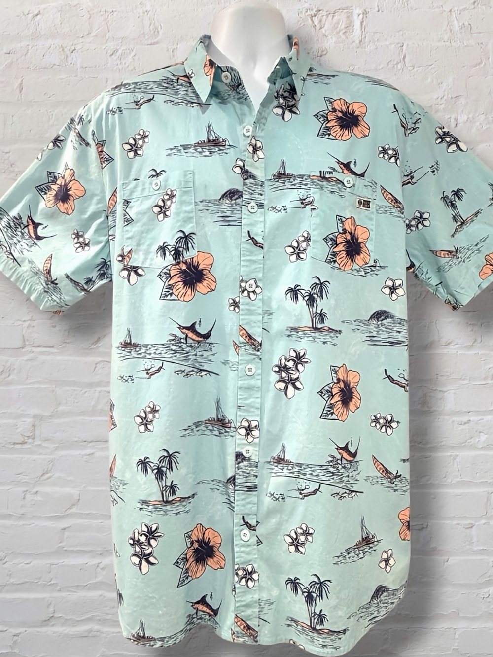 Salty Crew Hawaiian Shirt Mens XXL Mint Green Tropical Marlin Floral Button Up